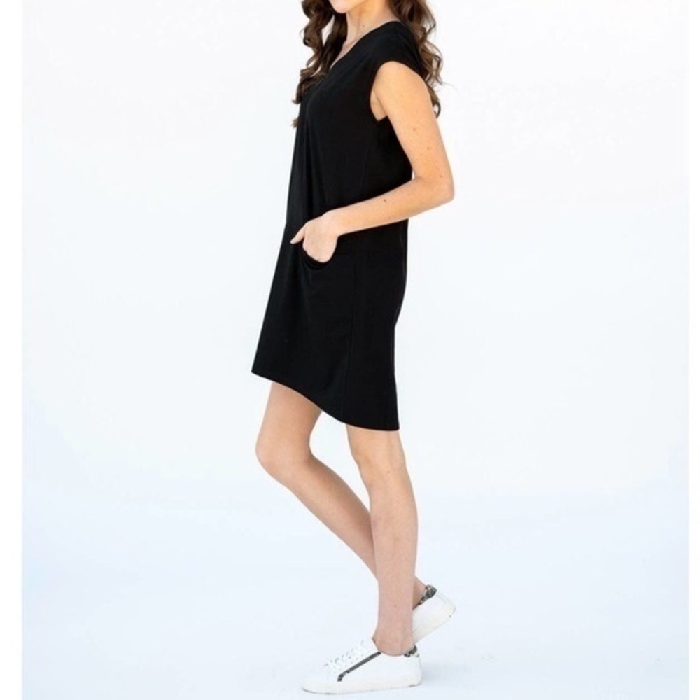 Evy’s Tree Black The Kayla Cap Sleeve Pocket MIDI Tunic Shirt Dress Size Small